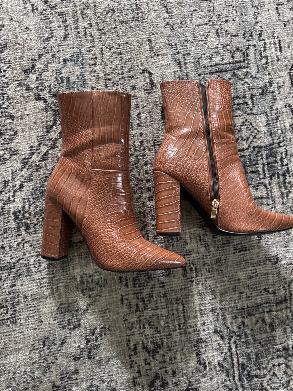 Women’s Croc-Embossed Pointed Toe Block Heel Ankle Boots - Brown